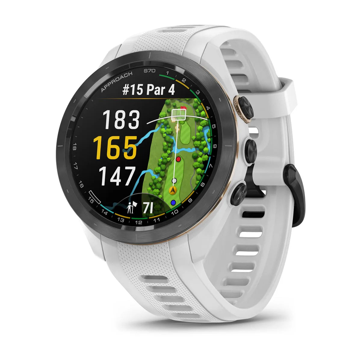 Garmin Approach S70 - 42 mm-Black/Peach Ceramic Bezel with White Silicone Band