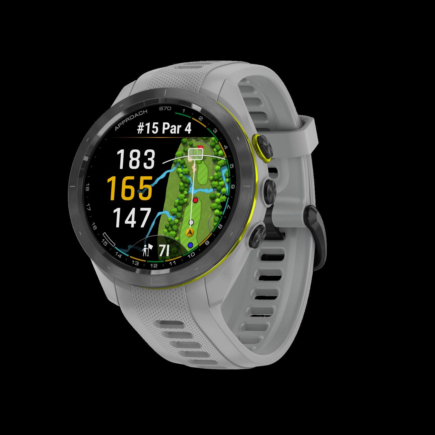 Garmin Approach S70 - 42 mm-Black/Amp Yellow Ceramic Bezel with Powder Grey Silicone Band