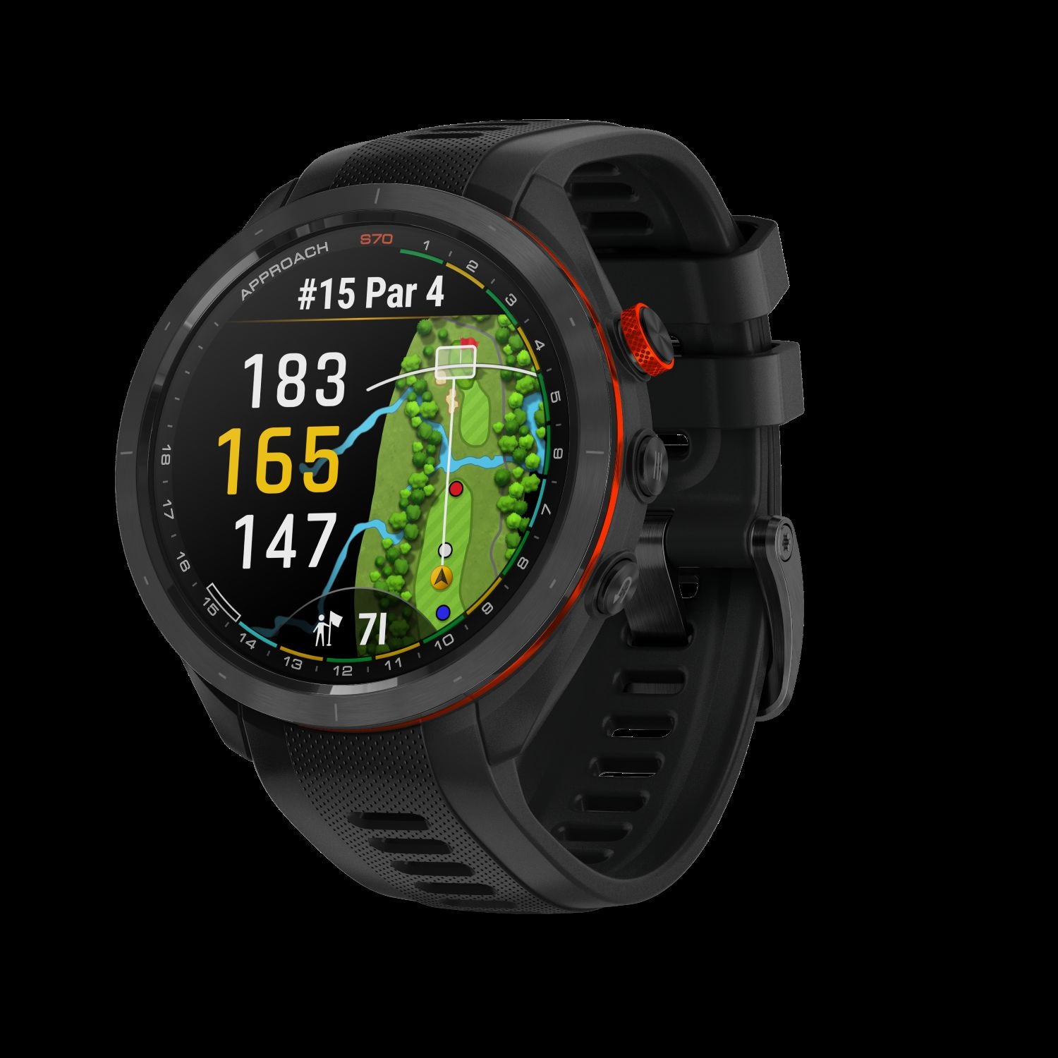 Garmin Approach S70 - 47 mm-Black/Red Ceramic Bezel with Black Silicone Band
