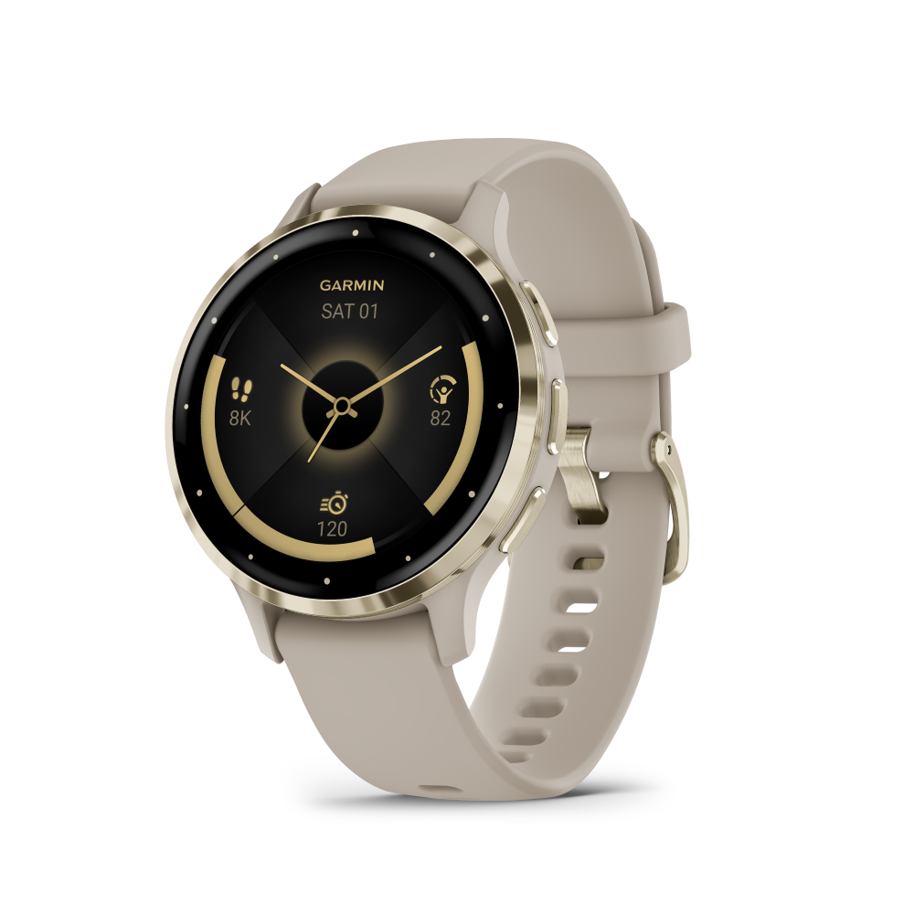 Venu 3S Soft Gold Stainless Steel Bezel  with French
Gray Case and Silicone Band