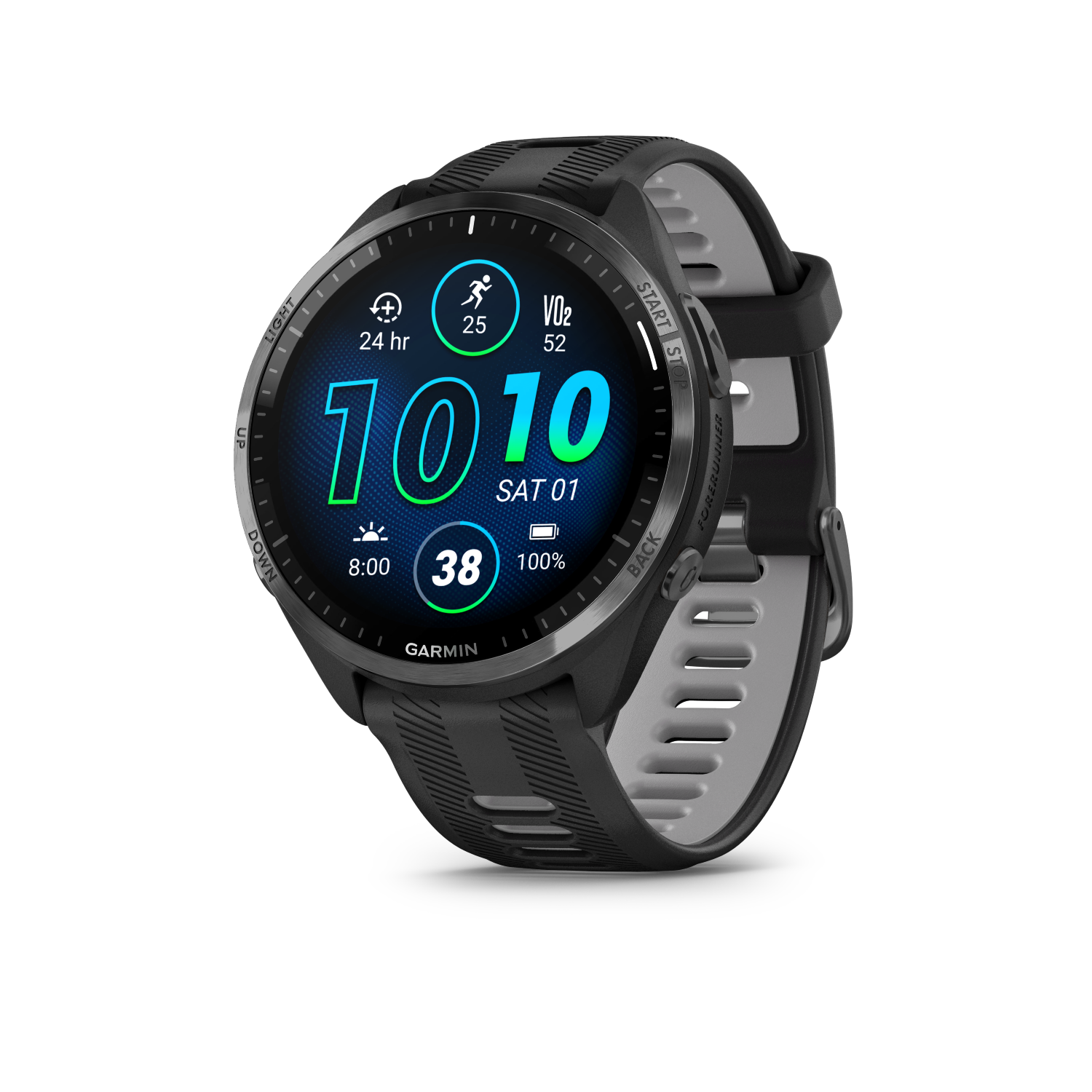 Garmin Forerunner 965Carbon Gray DLC Titanium Bezel with Black Case and Black/Powder Gray Silicone Band