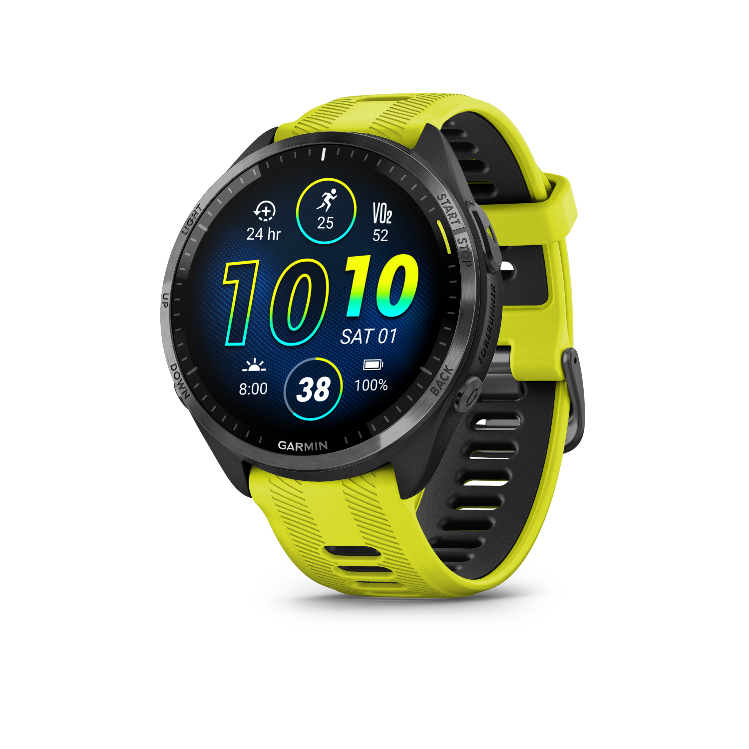 Garmin Forerunner 965Carbon Grey DLC Titanium Bezel with Black Case and Amp Yellow/Black Silicone Band
