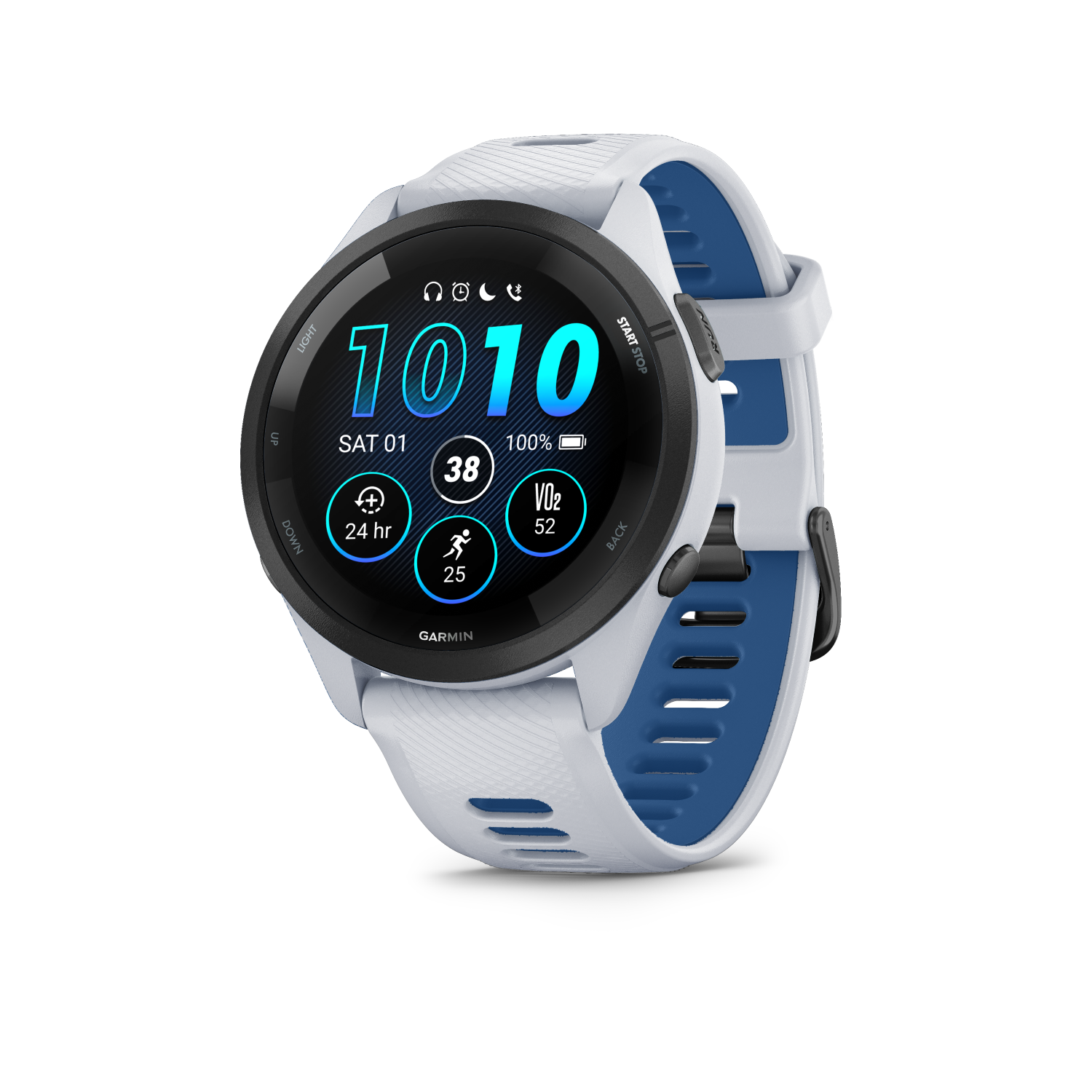Garmin Forerunner 265Black Bezel with Whitestone Case and Whitestone/Tidal Blue Silicone Band