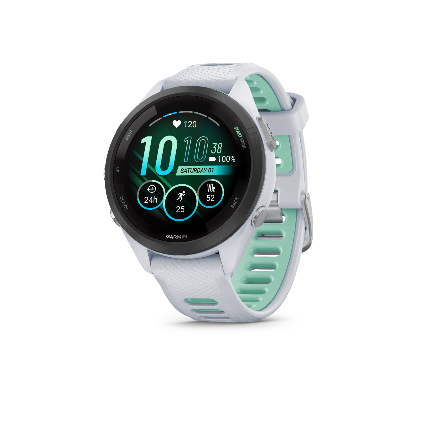 Garmin Forerunner 265SBlack Bezel with Whitestone Case and Whitestone/Neo Tropic Silicone Band