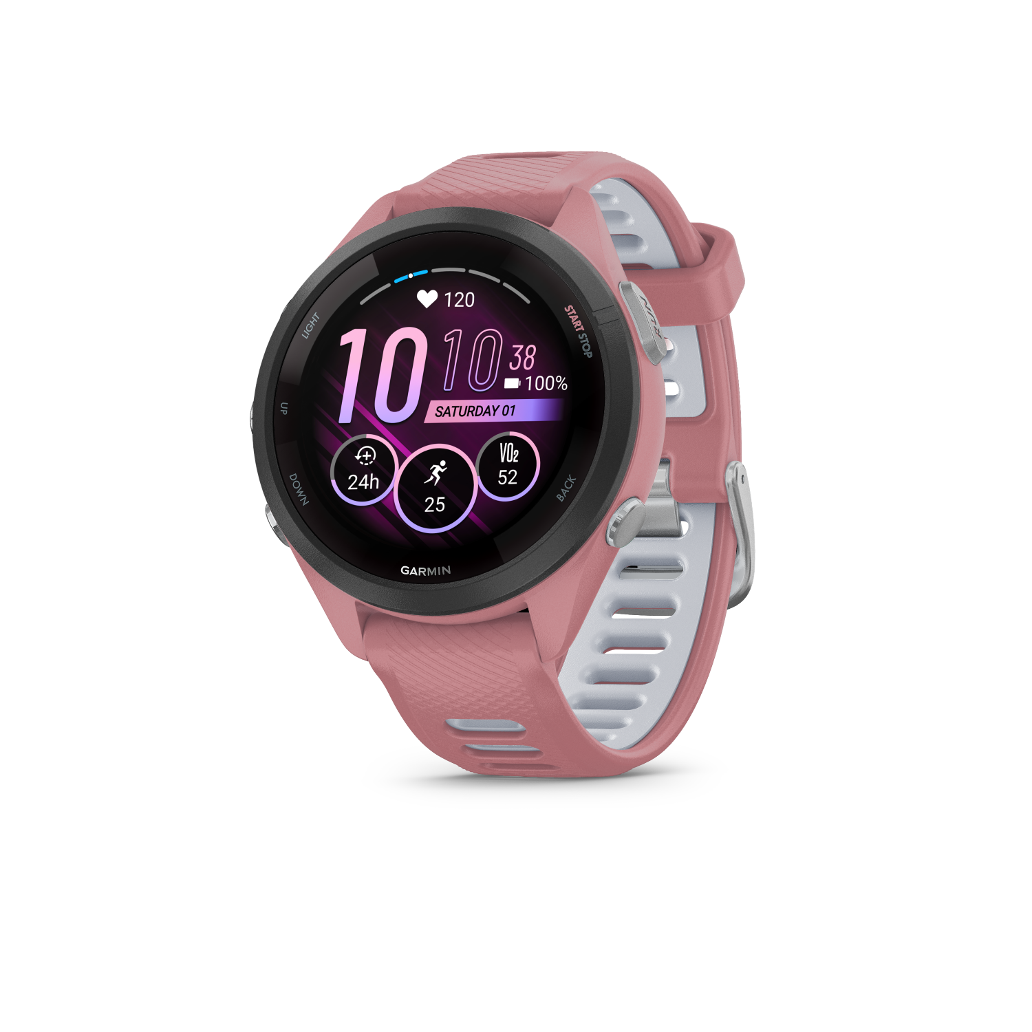 Garmin Forerunner 265SBlack Bezel with Light Pink Case and Light Pink/Powder Grey Silicone Band