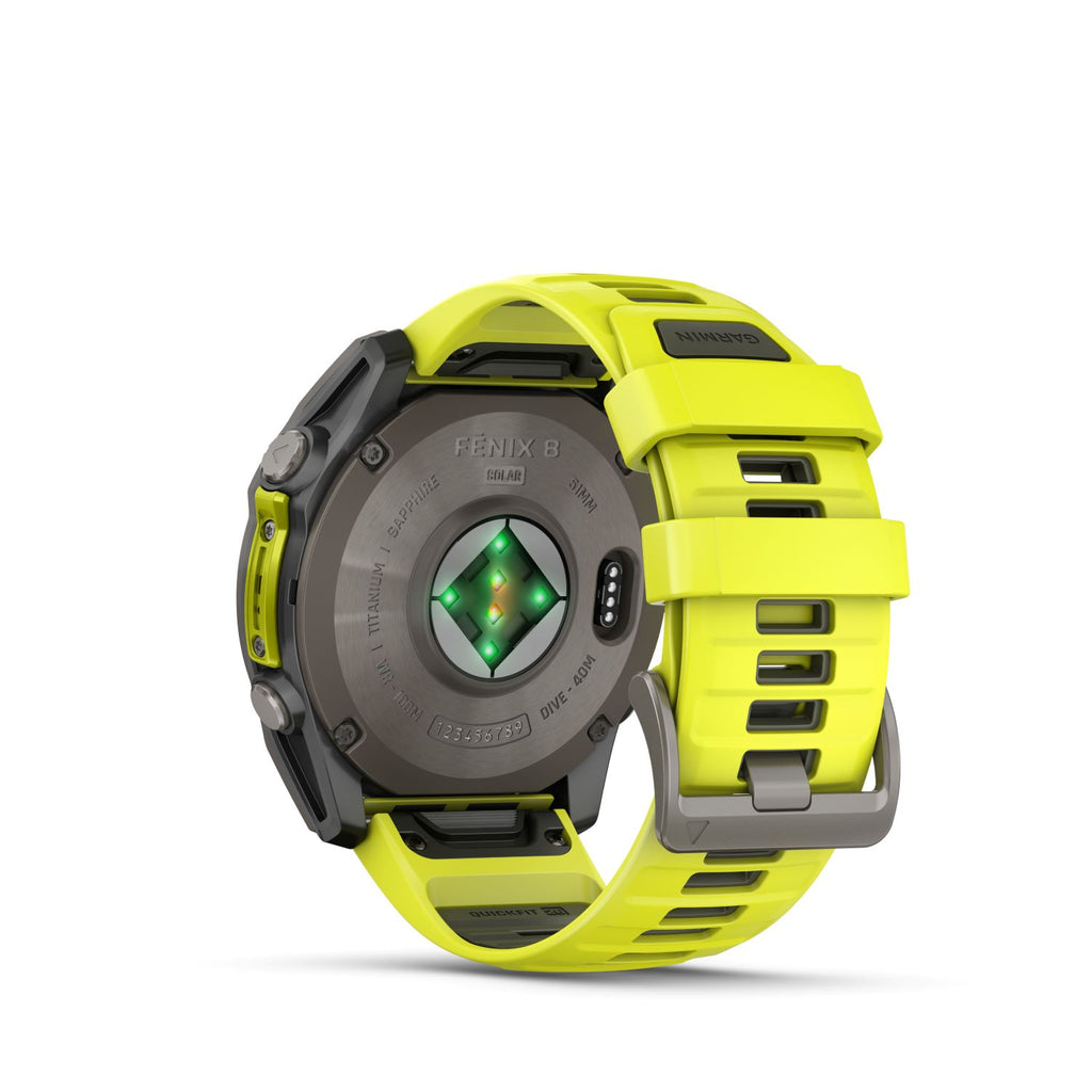 Garmin Fenix 8 – 51 mm, Solar, Sapphire- Titanium with amp yellow/graphite silicone band