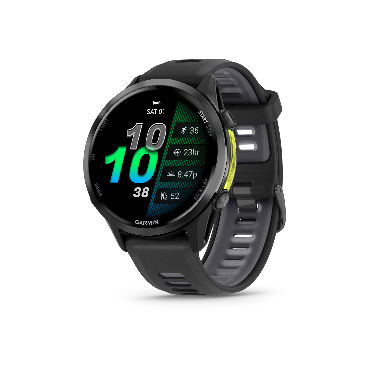 Garmin Forerunner 970Carbon Gray DLC Titanium with Black Case and 
Black/Translucent Whitestone Band