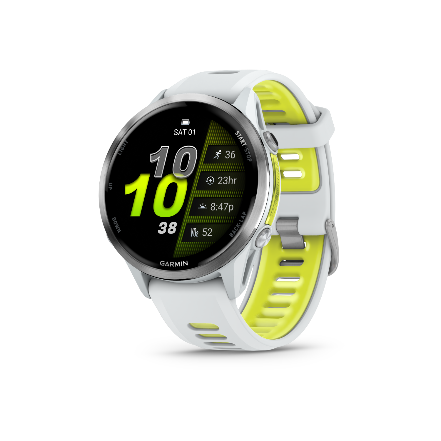Garmin Forerunner 970Titanium with Whitestone Case and 
Whitestone/Translucent Amp Yellow Band