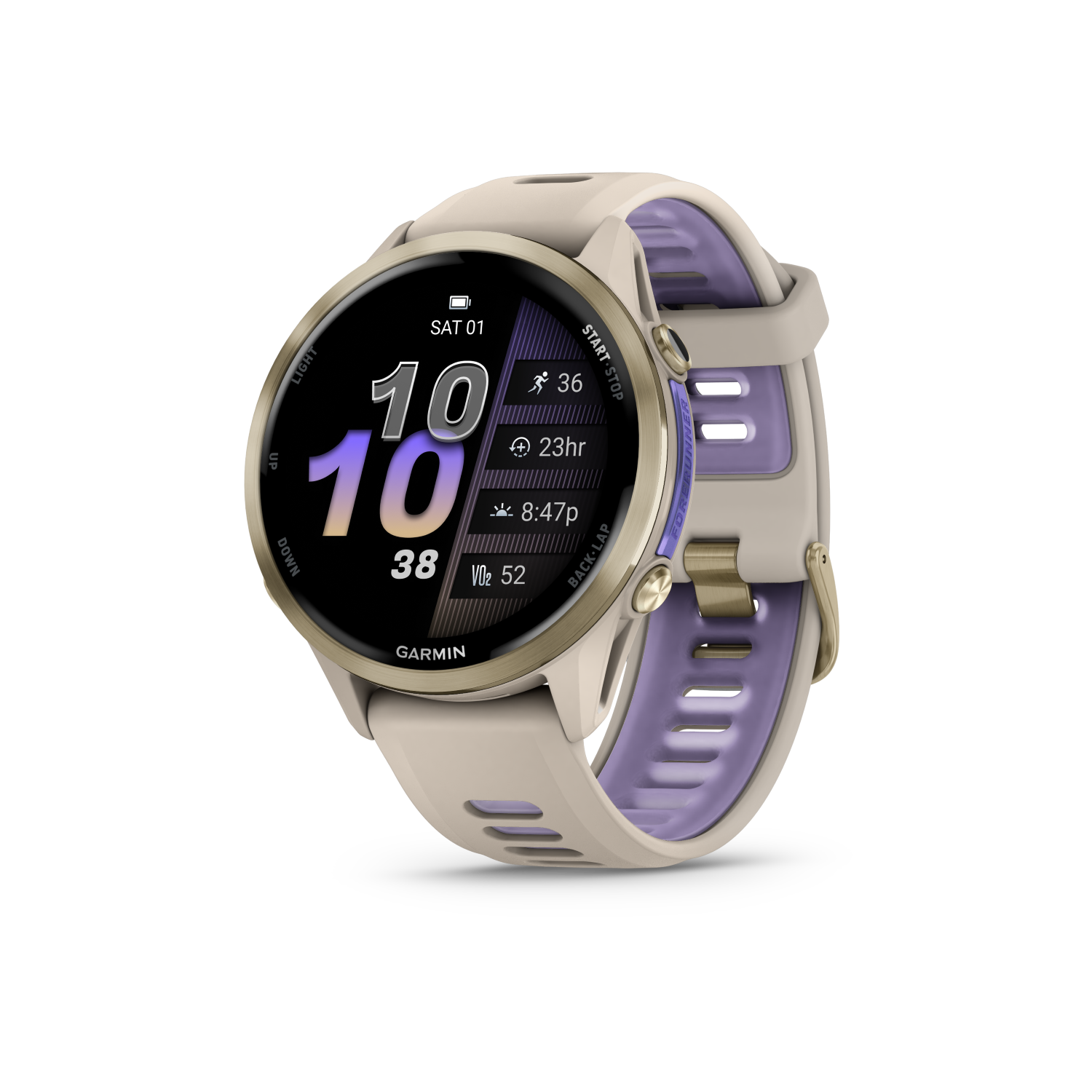 Garmin Forerunner 970Soft Gold Titanium with French Gray Case and French 
Gray/ Translucent Indigo Band