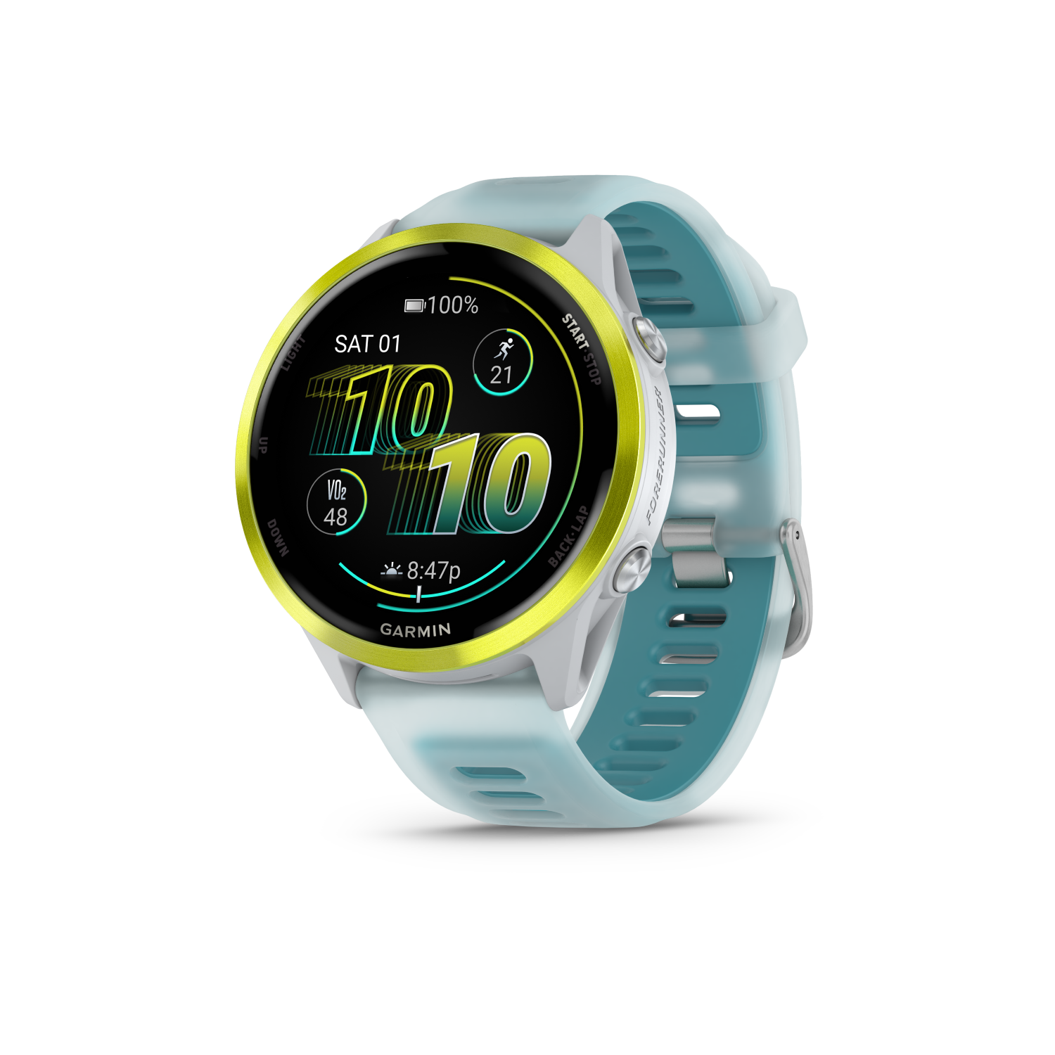 Garmin Forerunner 570 - 47MMAmp Yellow Aluminium with Translucent 
Whitestone/Turquoise Band
