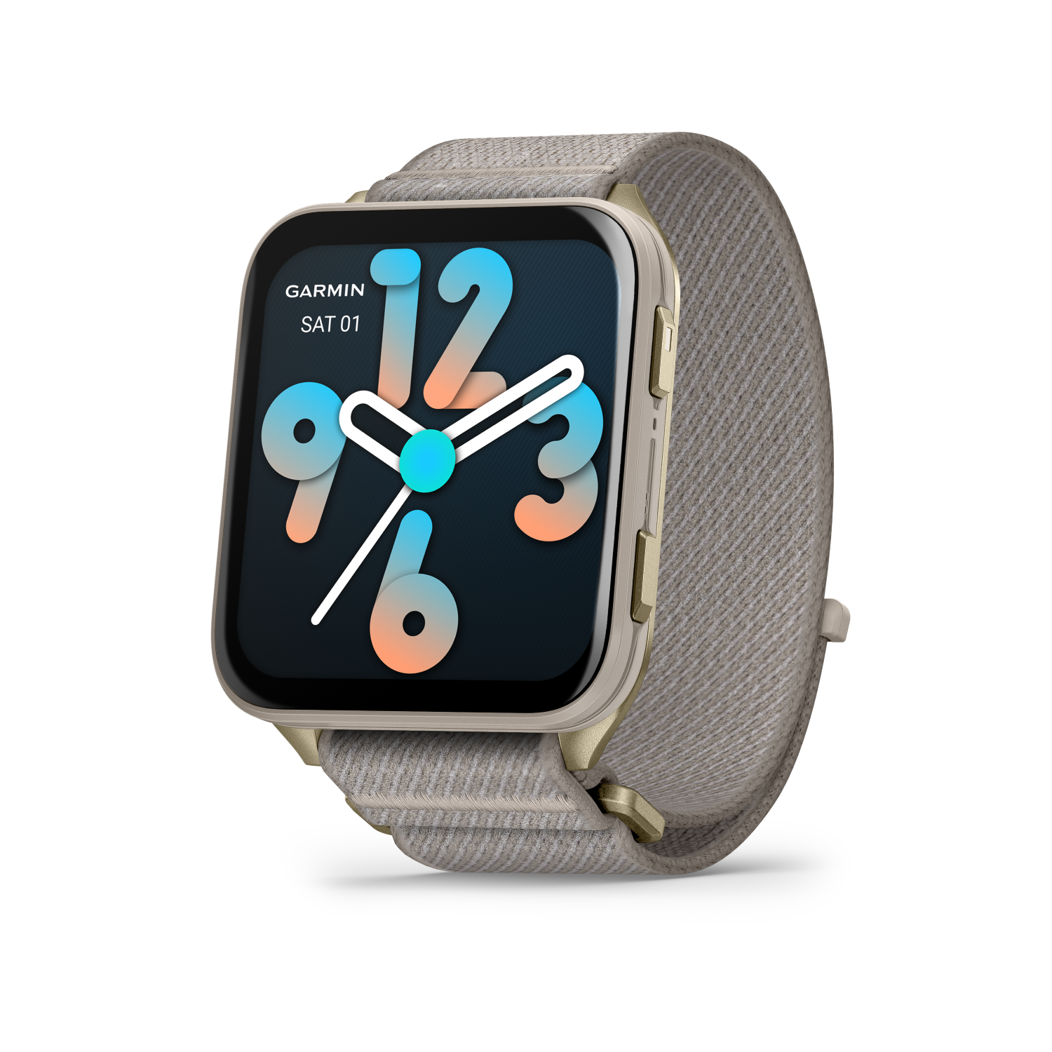 Garmin Venu X1 Soft Gold with titanium caseback and French Gray nylon band