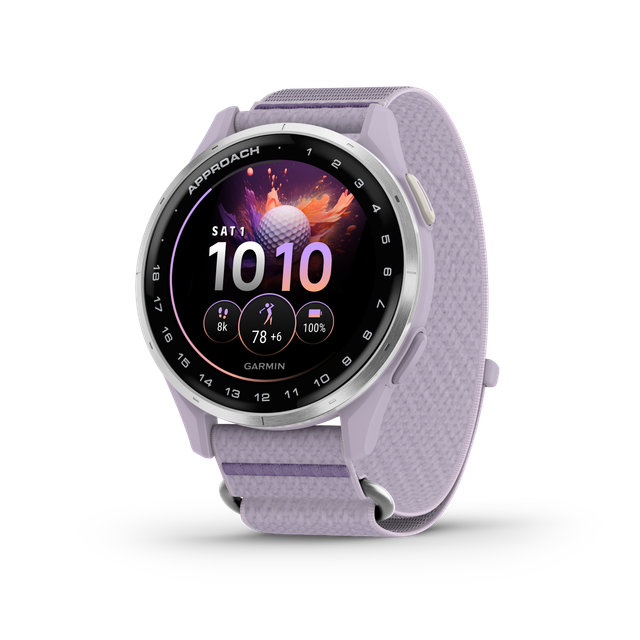 Garmin Approach J1-Silver aluminium bezel with Lilac ComfortFit fabric band